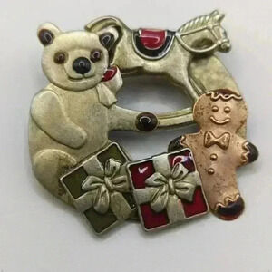 Whimsical Mixed Metal and Enamel Holiday Christmas Wreath Brooch Pin Bear
